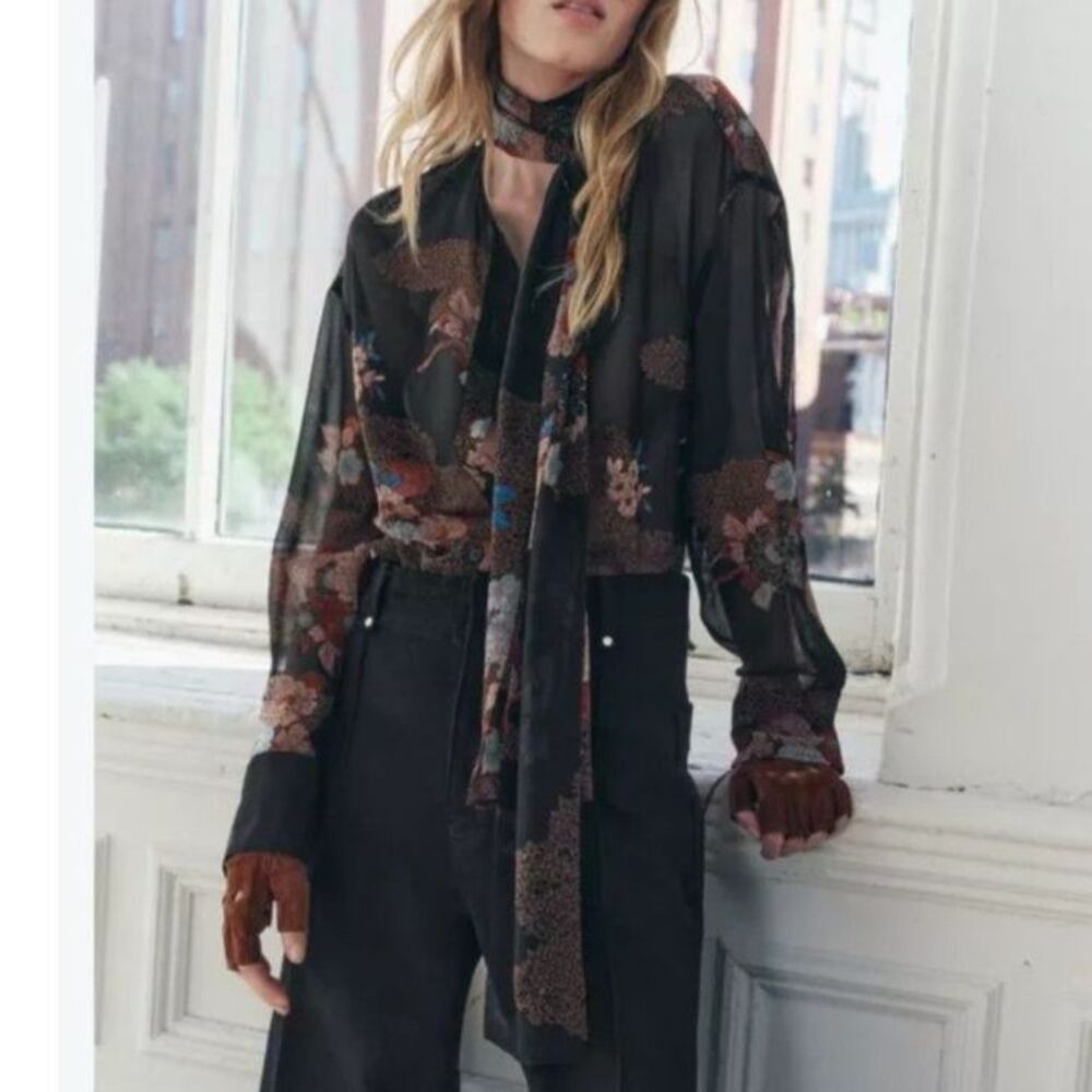 Jason Wu Black Floral Sheer Blouse Tie Neck L Office Siren